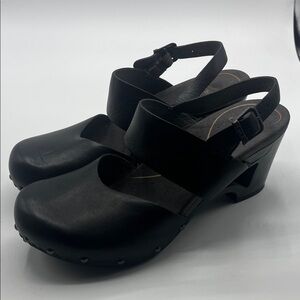 Dansko Black Leather Slingback Clogs with Buckle Strap